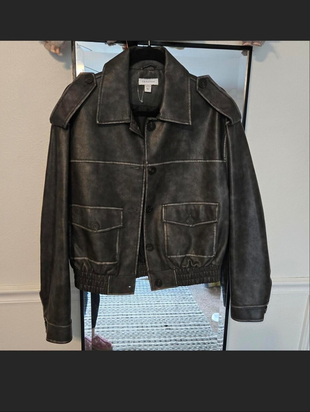 Topshop Grey Distressed Faux Leather Bomber Jacket